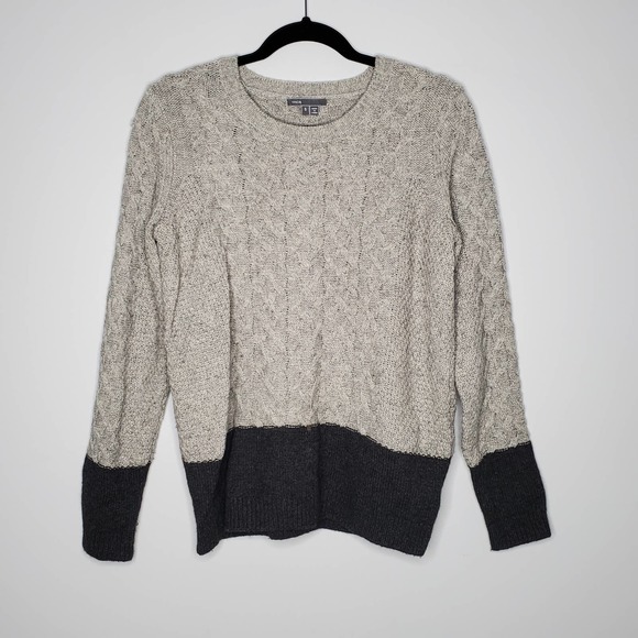 VINCE Grey Black Colorblock Cable Knit Crewneck Knit Sweater Sz S - Picture 2 of 8